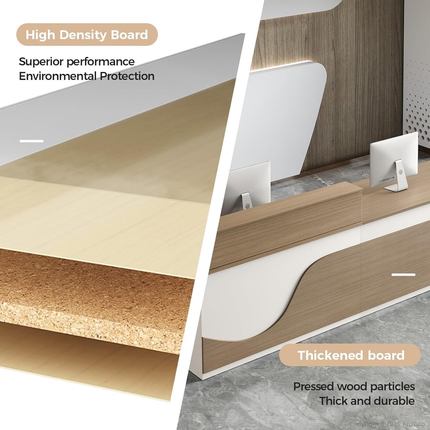 Modern Reception Desk – L Shaped Front Desk Checkout Counter with Drawers, Storage Cabinet and Double-layer tabletop for Office, Salon, Lobby, Cashier (White+Natural/Right, 71"L * 24"W * 39"H)