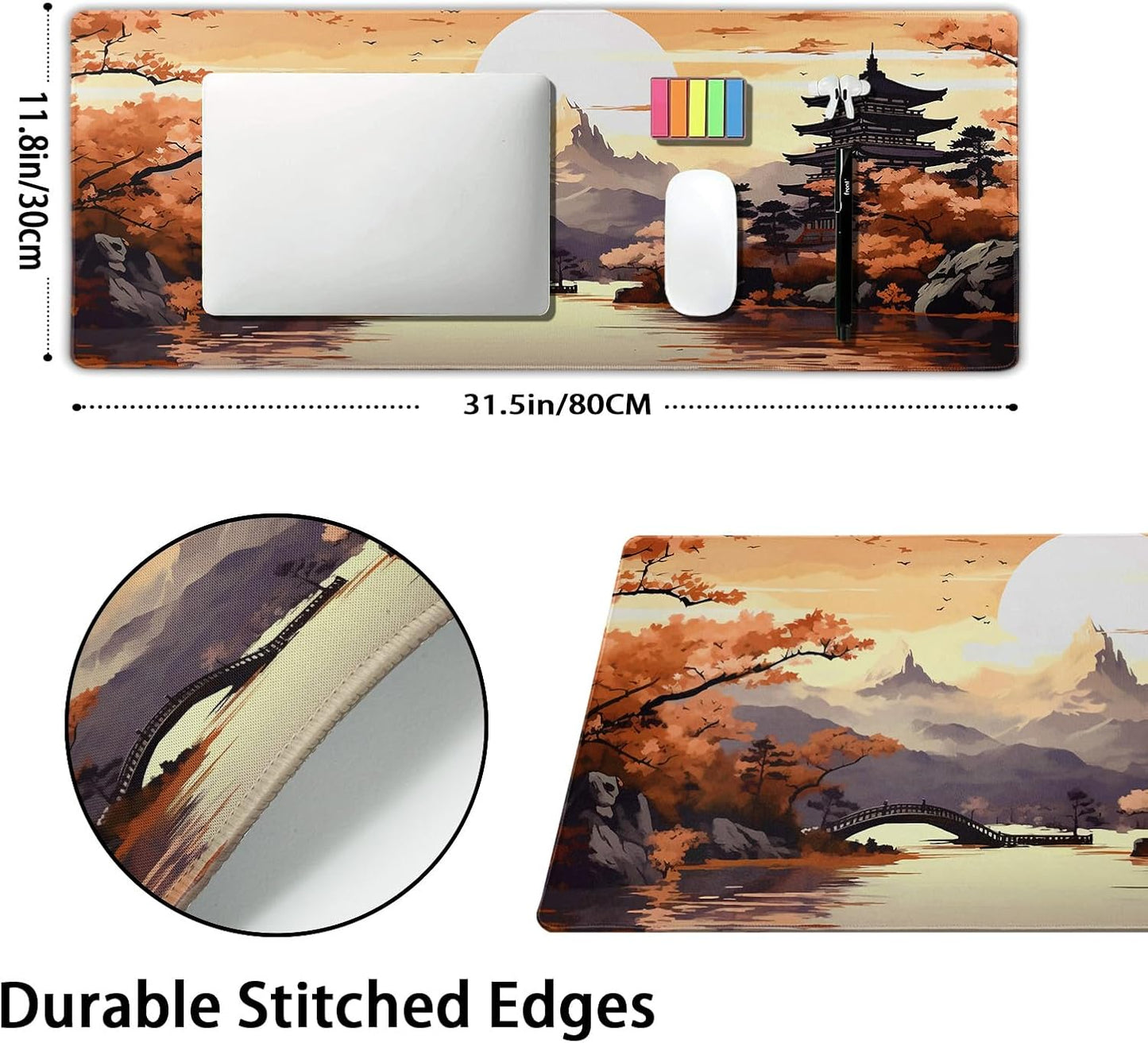 Orange Japanese Sakura Gaming Mouse Pad XL Yellow Cherry Blossom Mountain Aesthetic Large Desk Mat Big Mousepad Non-Slip Rubber Base Stitched Edge Long Desk Pad for Desktop Computer,31.5×11.8 in