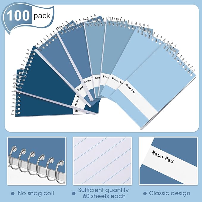 Thenshop 100 Pads Spiral Memo Bulk 3'' x 5'' Top Bound Memo Book 60 Sheets Small Mini Notebooks Lined Wire Bound Pocket Steno Book for Home, Office, School (Fresh Colors)