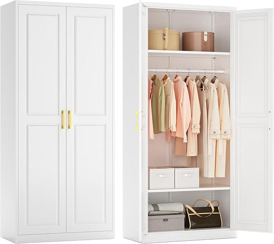Metal Armoire Wardrobe Closet with Doors and Shelves, 71" Tall Freestanding Wardrobe Cabinet for Hanging Clothes, Large Closet with Hanging Rod for Bedroom, White, Assemble Required
