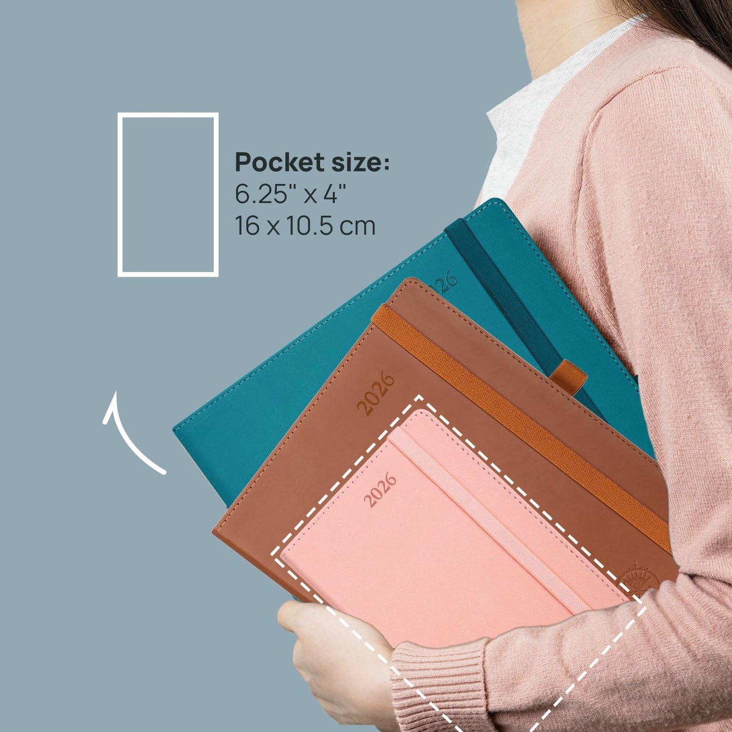 POPRUN Pocket Calendar 2026 (Small Size- 4'' x 6.25") Weekly and Monthly for Purse - Planner 2026 (Jan. 2026 - Dec. 2026) with Vegan Leather Soft Cover, Pen Holder and More - Grey