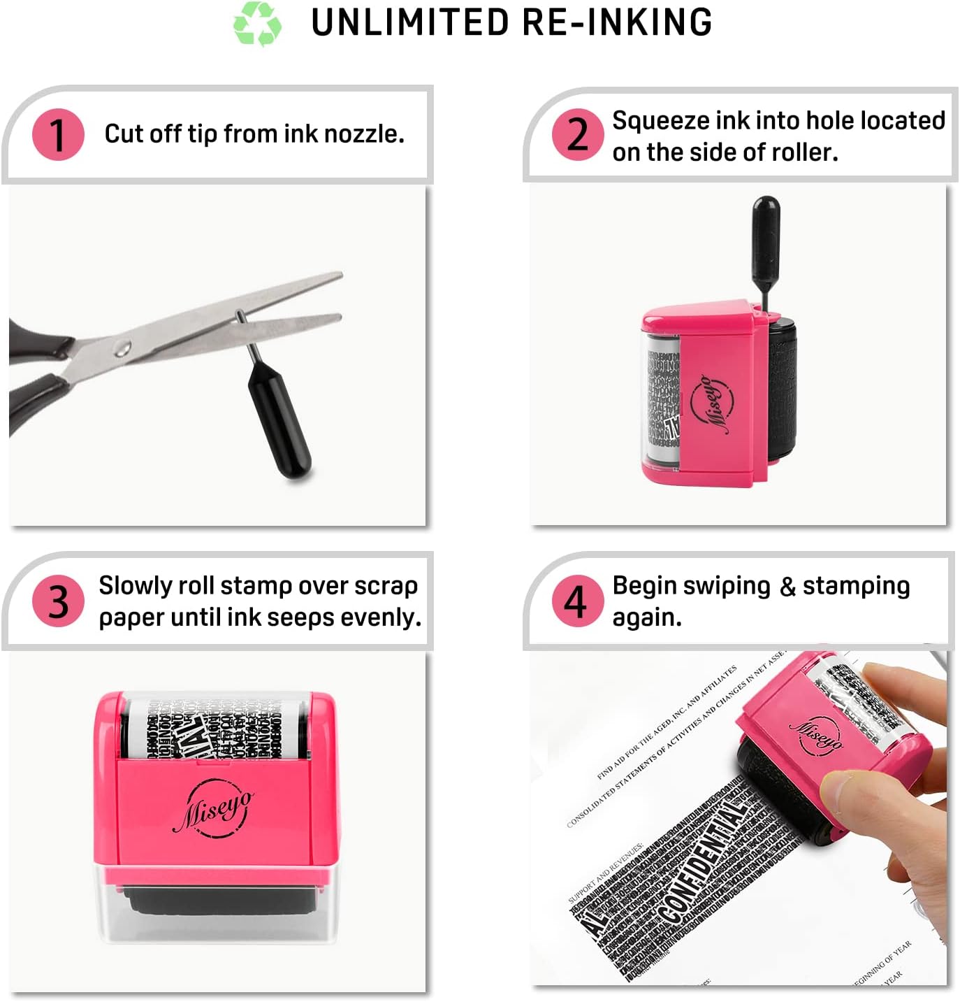 Miseyo Identity Theft Protection Roller Stamp Set - Peach (6 Refill Ink Incleded)