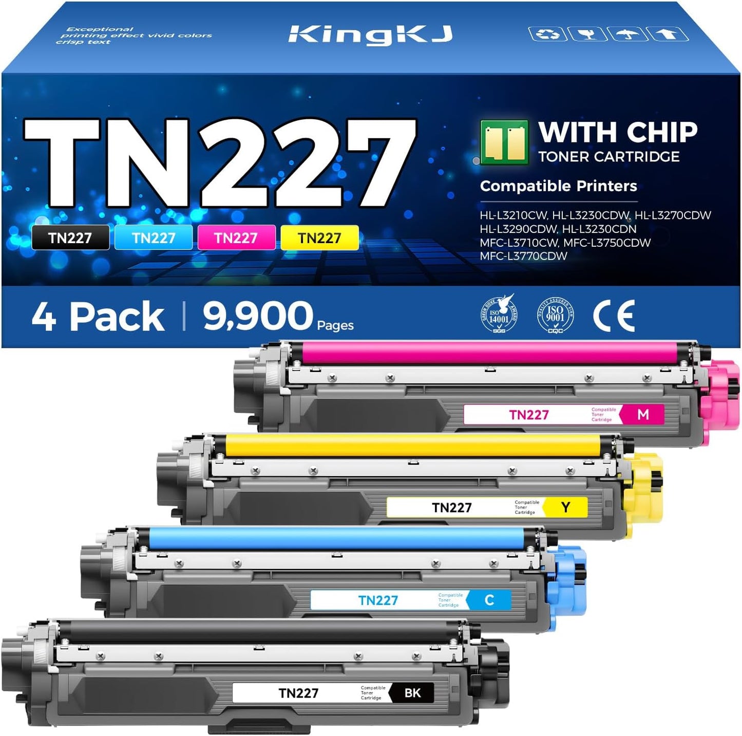 TN227 Toner Cartridge Set 4-Pack Black Color Replacement for Brother TN-227 TN223 Compatible with HL-L3270CDW HL-L3210CW MFC-L3770CDW HL-L3290CDW MFC-L3750CDW L3710CW HL-L3230CDW L3230CDN Printer Ink