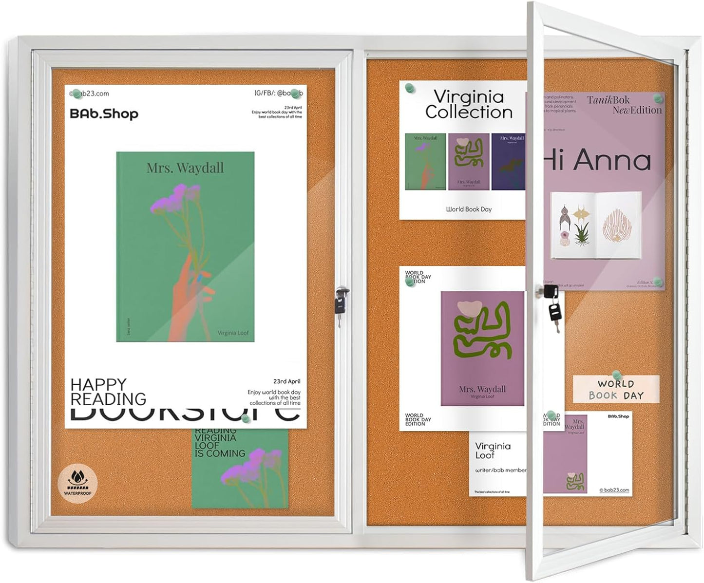 Outdoor Enclosed Cork Bulletin Board 44x32 Inch, Double Door Lockable Wall-Mounted Weatherproof Display Case, Tamperproof Notice Memo Poster Board with Aluminum Frame for Office, School, Community