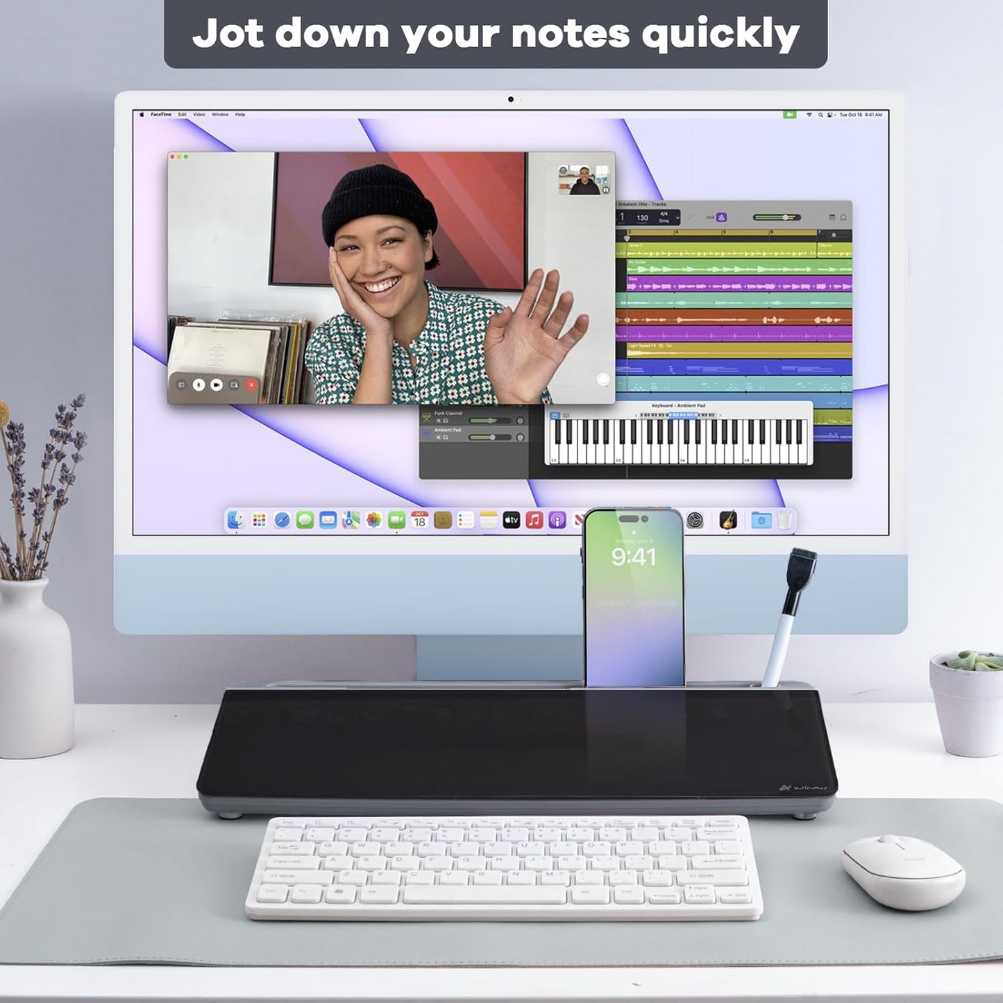 Varhomax Glass Desk Whiteboard with Storage, Desktop Organizer to-do List Memo Notepad Dry Erase White Board for Home Office and School Supplies (Gray&Black)