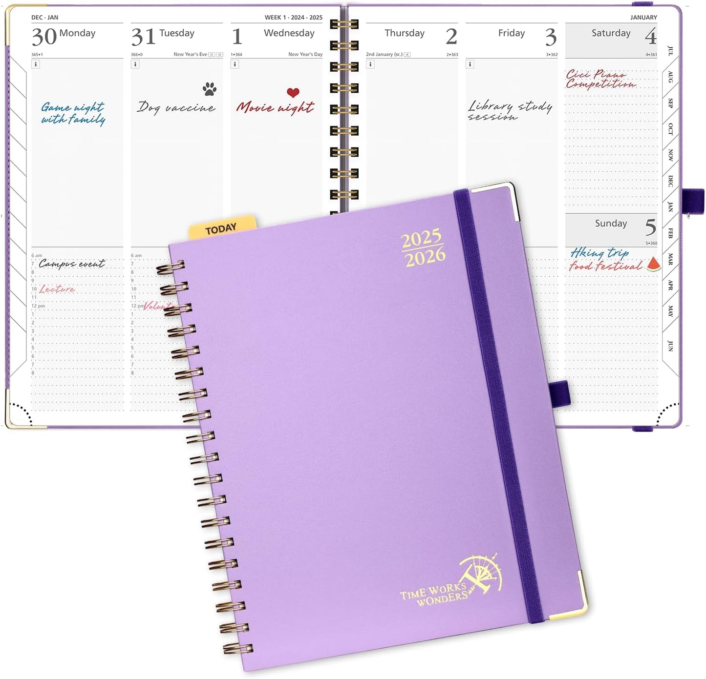 POPRUN Academic Planner 2025-2026 (July 2025-June 2026), Daily Weekly and Monthly Appointment Book (Wirebound Hard Cover - 10'' x 8'') with Hourly Time Slots, Tabs, 100 GSM - Violet