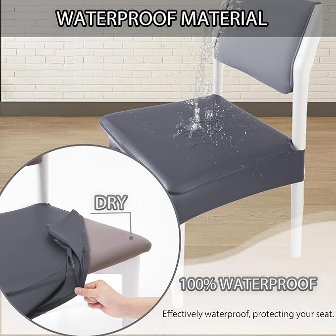 CWK Waterproof PU Leather Dining Chair Covers Set of 4-Stretchable Chair Seat Slipcovers, Removable & Washable Protector for Dining Room,Home,Office,Wedding,Rear Covers (PU-Grey)