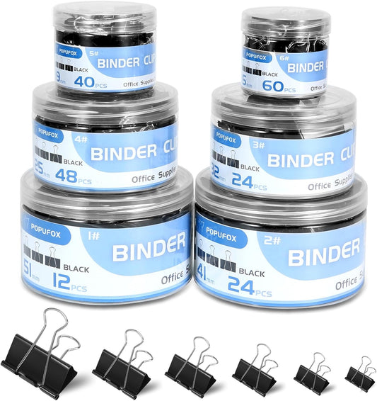 Binder Clips Assorted Sizes Including Extra Large Medium Small Mini and Micro, Office Supplies File Clamps Paper Clips, 6 Sizes in 6 Boxes, 208 PCS Metal Black Clamps for School