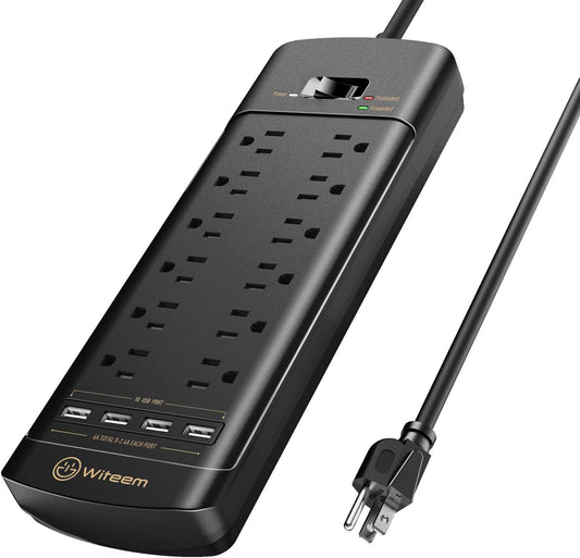 Surge Protector Power Strip - 12 Outlets,4 USB 6A Ports, 6Ft Extension Cord, 1875W/15A, 4360Joules, Overload Protection - Ideal for Home & Office Use (Black-USB6A)