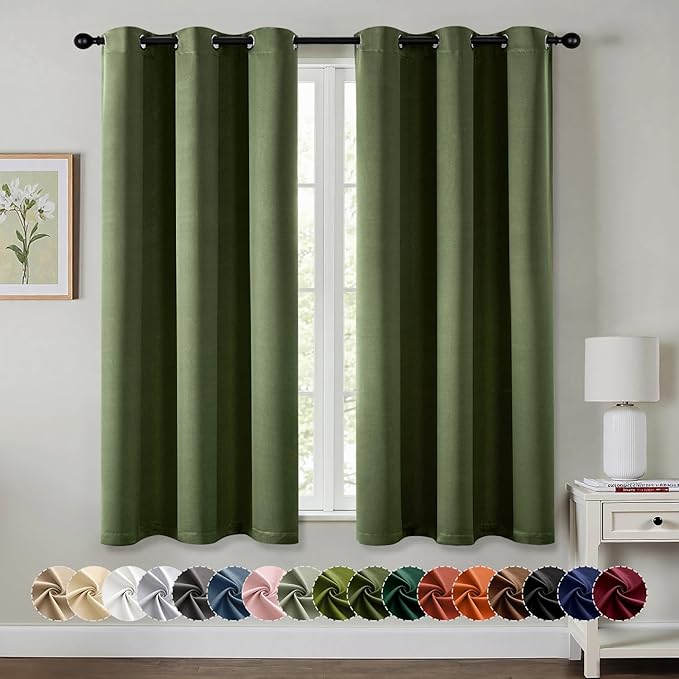 MIULEE Olive Green Blackout Curtains - Thermal Insulated Bedroom Curtains Room Darkening Drapes for Living Room Kitchen Grommet Top Light Blocking Window Treatment, 40 x 45 Inches Long, 2 Panels