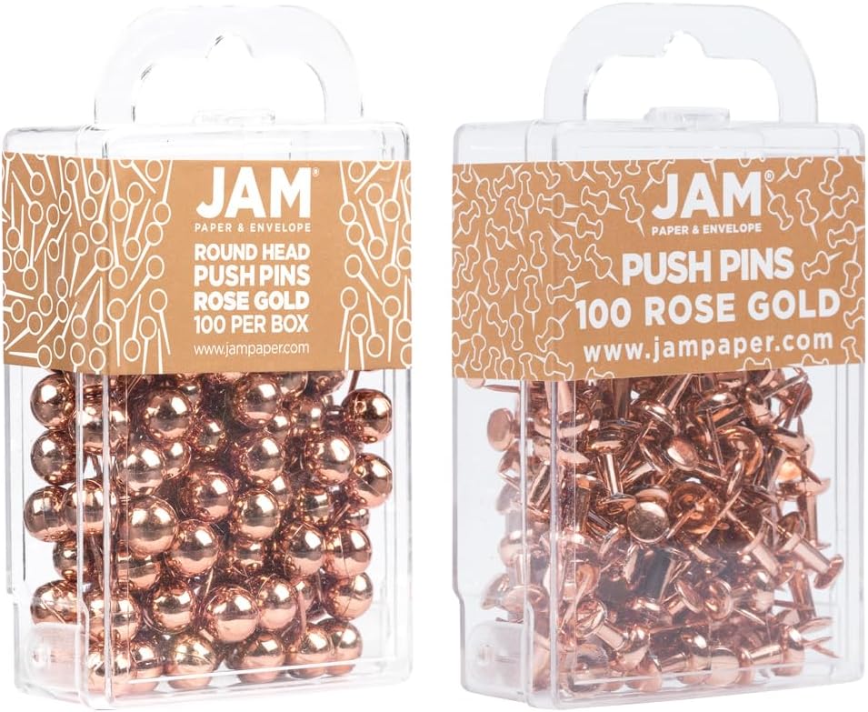 JAM PAPER Colorful Push Pins - Flat & Round Head Thumb Tack Combo Set - Rose Gold Pushpins - 200/Pack