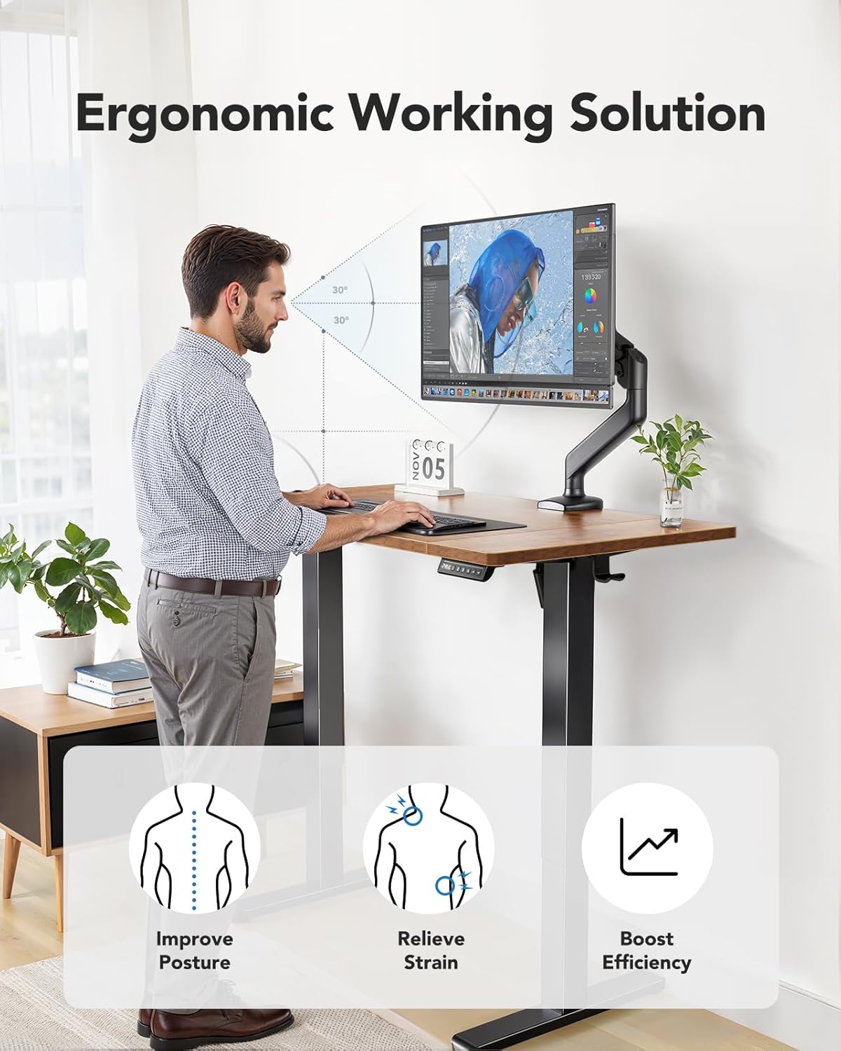 HUANUO 55 x 24 inch Electric Standing Desk, Height Adjustable Table with Headphone Hooks & Cable Manager, Sit to Stand up Desk for Home Office, Vintage Brown