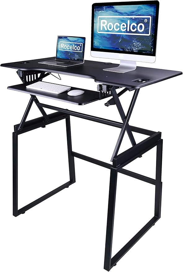 Rocelco 46" Large Height Adjustable Standing Desk BUNDLE - Quick Sit Stand Up Dual Monitor Riser - Tall Gas Spring Assist Computer Workstation - Retractable Keyboard Tray - Black (R DADRB-46-FS2)