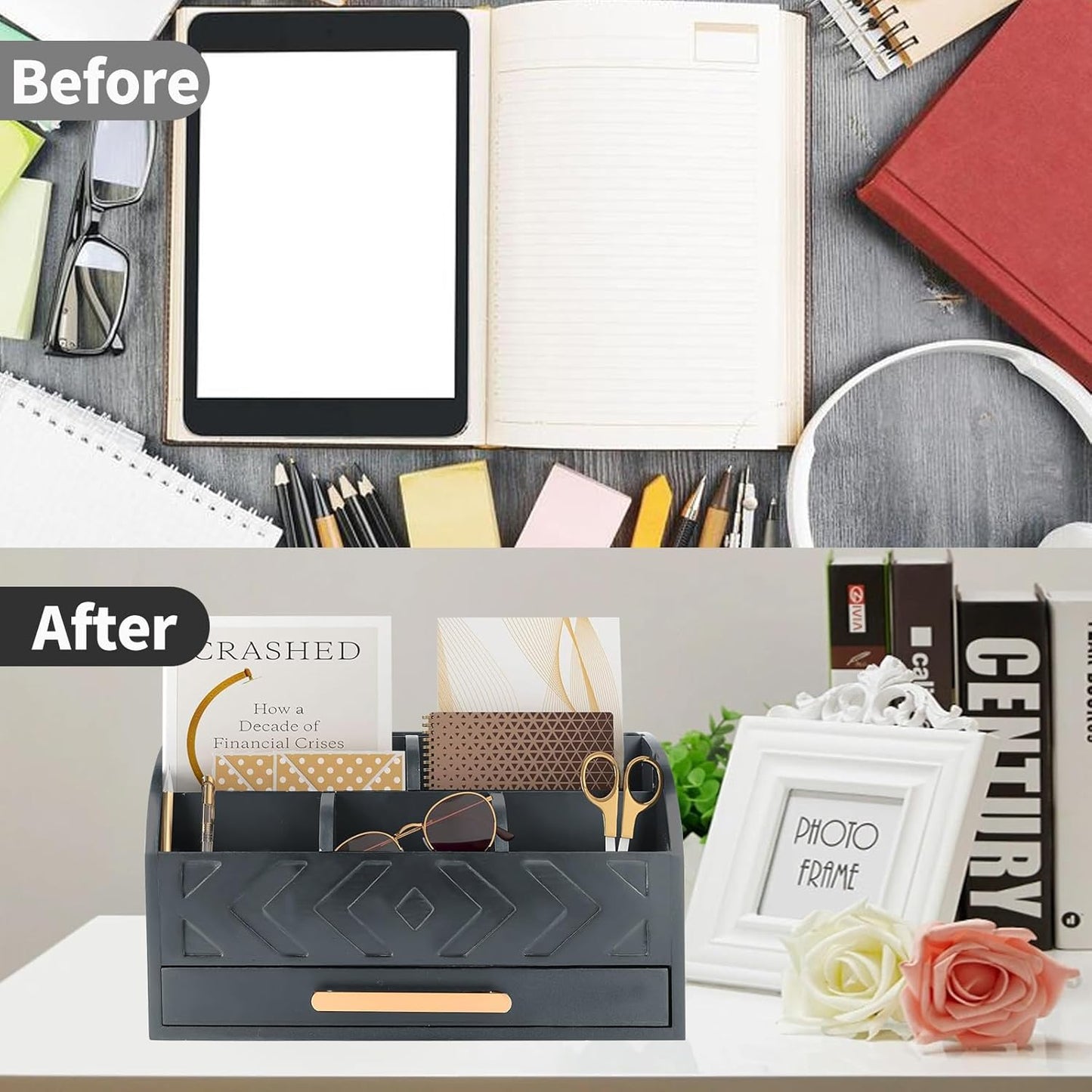 Wooden Desk Organizer Mail Organizer Countertop, Desktop Organizer Mail Sorter Mail Holder Bill Organizer for Desk, Desk Organizers and Accessories for Women (Black)