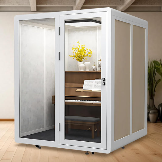 Office Sound Booth with Audio Privacy - Soundproof Booth Includes White with Wood Grain Side Trim,Soundproof Room with Light,Fans, Socket for Piano Room,Negotiation Room (70.86IN)