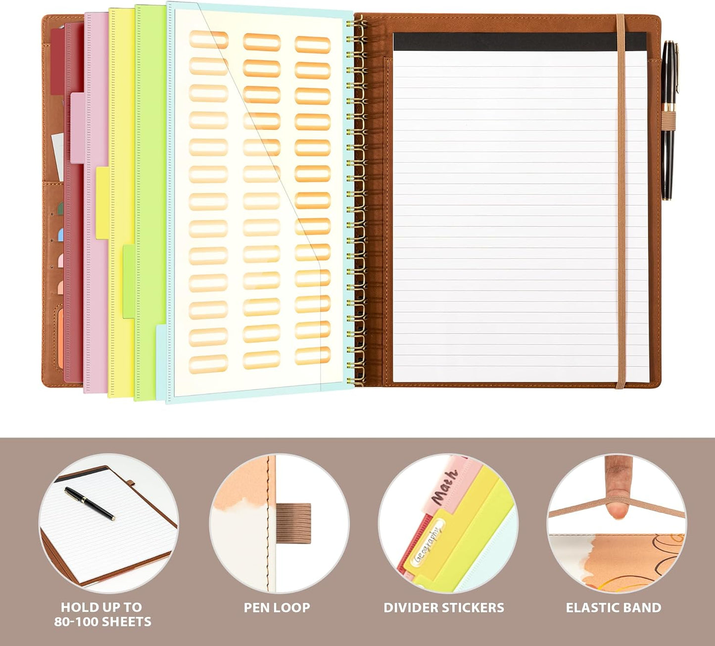 Clipboard with Storage for Men Women, Leather Padfolio Portfolio Organizer 5 Folders with 10 Pockets, Spiral Clipboard Folio with Notepad for Letter Size, Elastic Closure and Pen Loop Brown