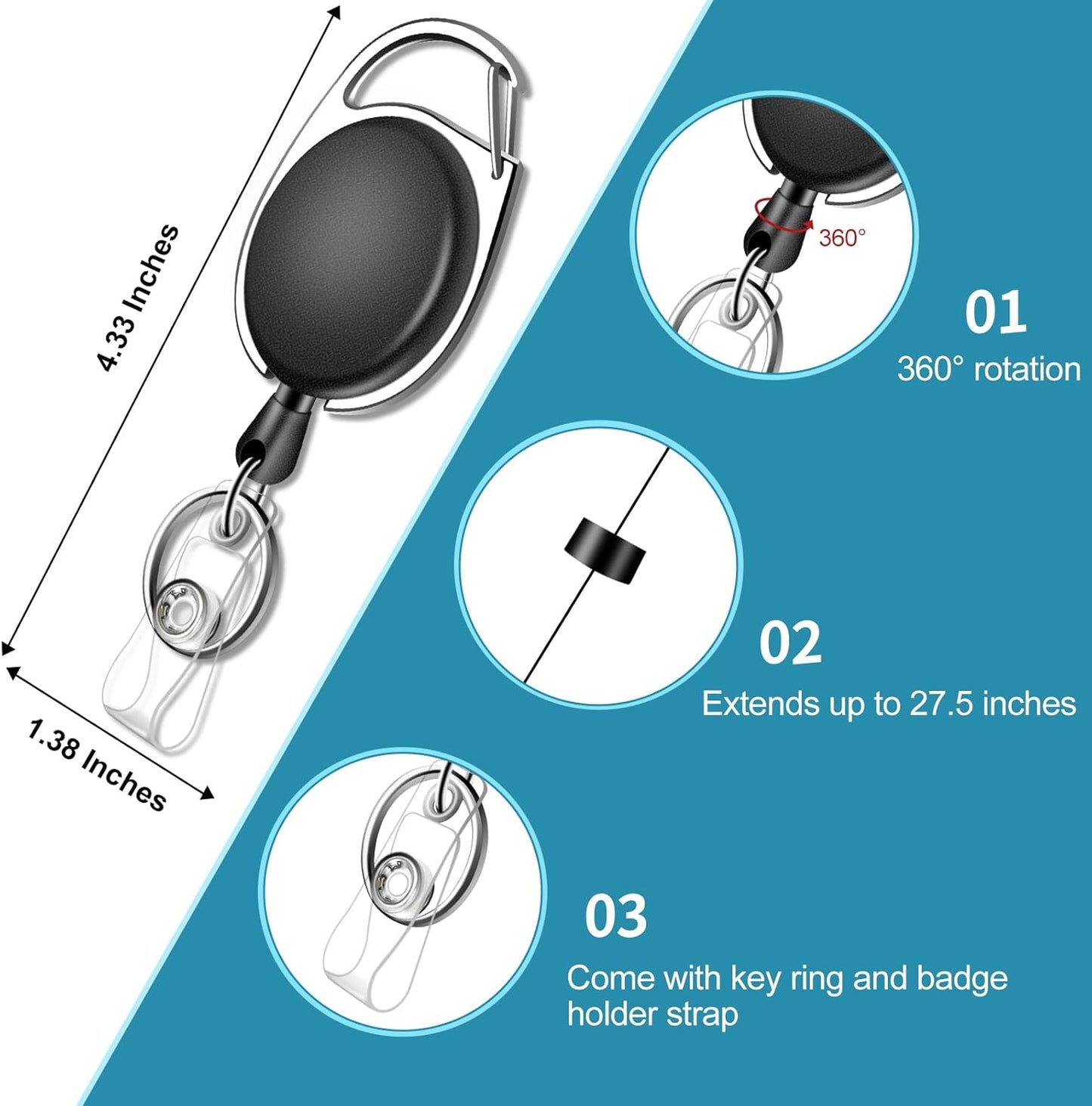 60 Pack Retractable ID Badge Holder Badge Reel with Carabiner and Belt Clip Badge Reels Retractable with Key Chain for Office Worker Doctor Nurse, Assorted Color