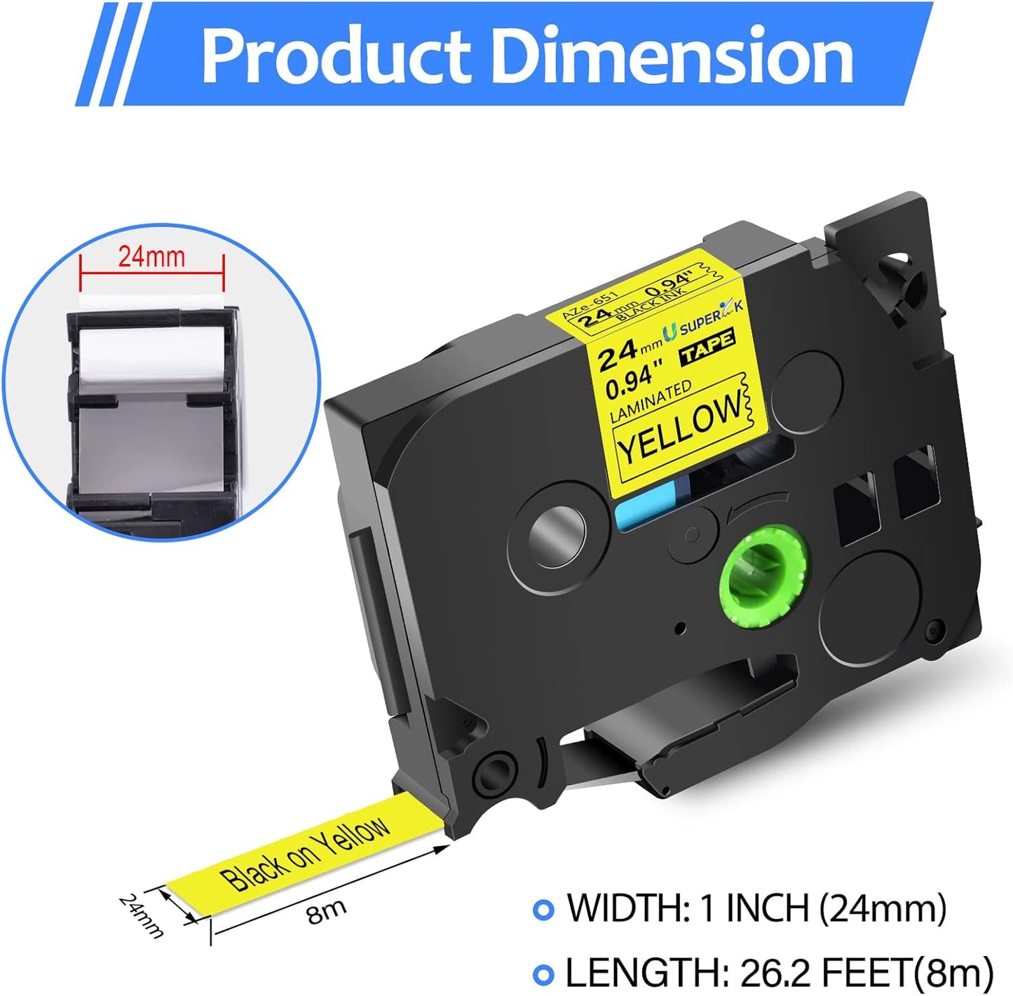 6PK 24mm Yellow Label Tape Compatible for Brother P-Touch Label Maker Tape TZe-651 1 Inch TZe TZ Tape TZ-651 TZe651 24mm 0.94'' Laminated Black on Yellow for PT-D600 D610BT P710BT P750W
