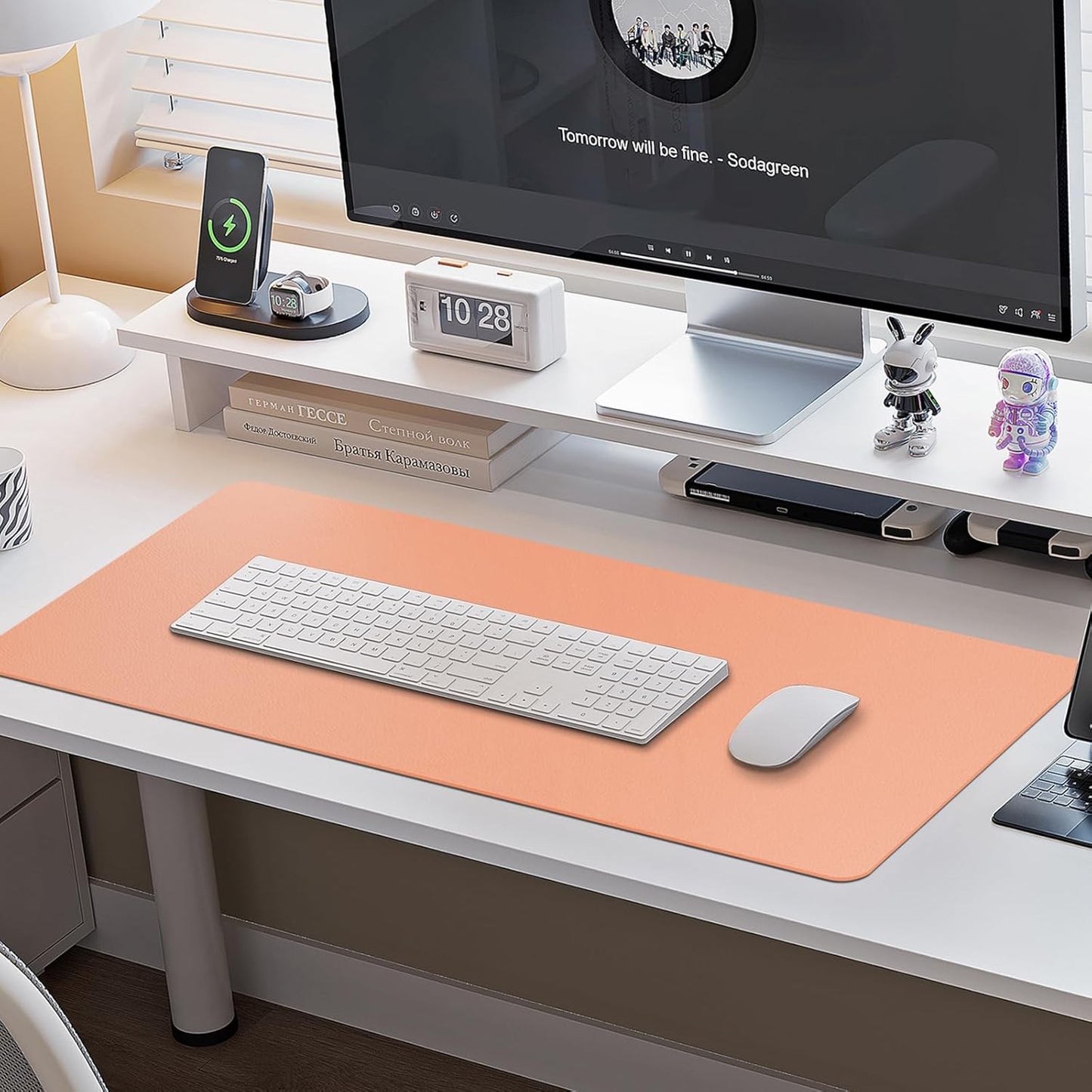 Boutilon Leather Desk Pad Protector,Non-Slip Mouse Pad,Laptop Desk Pad,Office Mouse Mat,Waterproof Leather Desk Blotter,Desk Writing Pad for Office and Home (XL-Orange Pink,35.4"x 15.7")