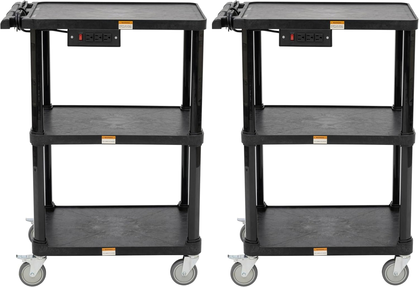Pearington 3-Shelf Mobile Utility Cart with 3 Outlets and 8' Cord, Heavy-Duty Service Cart for Offices and Warehouses with 3 Shelves, Black, 2 Pack