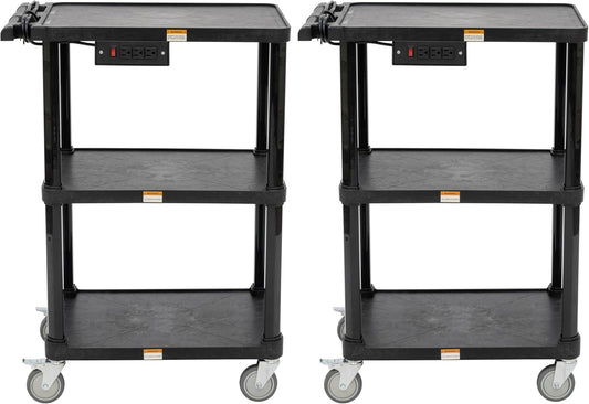 Pearington 3-Shelf Mobile Utility Cart with 3 Outlets and 8' Cord, Heavy-Duty Service Cart for Offices and Warehouses with 3 Shelves, Black, 2 Pack
