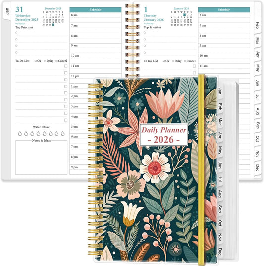 2026 Daily & Monthly Planner - One Page Per Day, Daily Planner 2026 from January 2026 to December 2026, Planner 2026 with 12 Monthly Tabs, 6.4" x 8.5", Flower-B