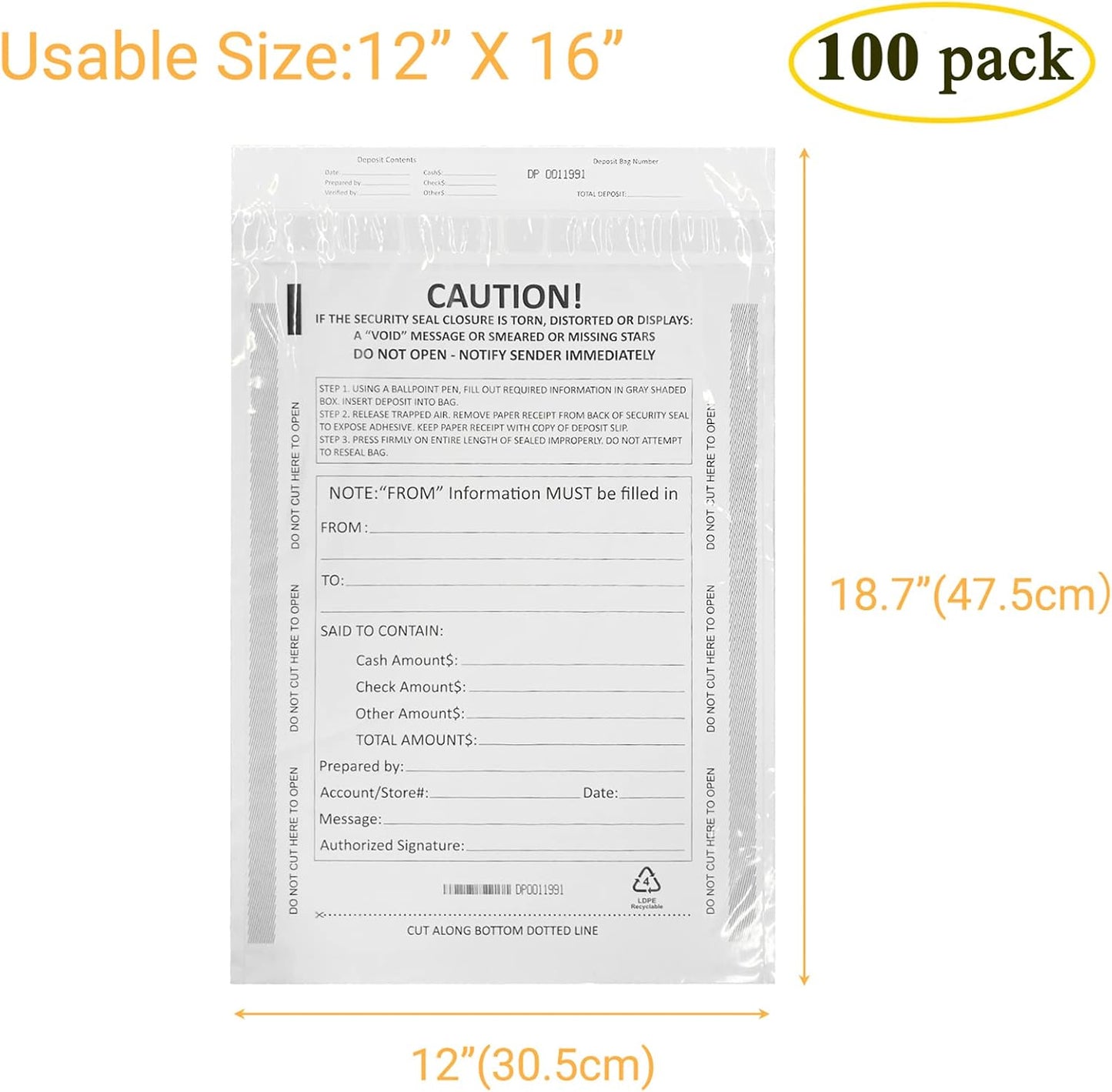 12 x 16 Inch Deposit Bags Security Pocket Bank Deposit Envelopes (White, 100 Pack)