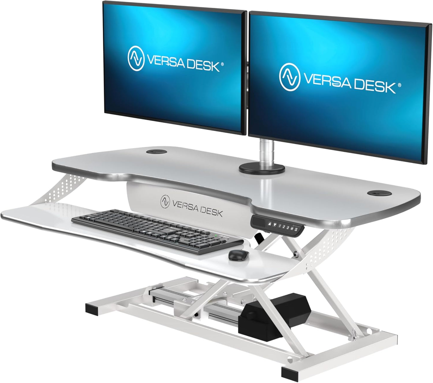 VERSADESK® PowerPro™ Elite 40” x 24" – App Controlled Electric Standing Desk Converter w/USB Charging Port. Raises up to 20”. Fully Assembled – Includes LED Lights. Supports 80 lbs. – White