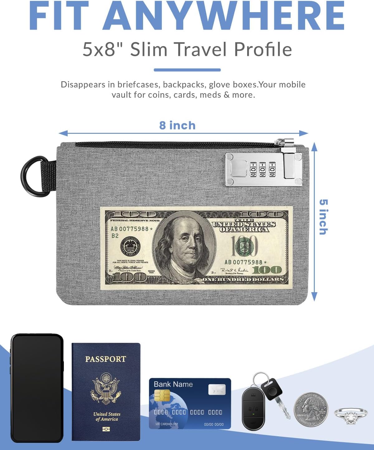 Money Bag with Lock, Aerthezu Cash Locking Bags with Zipper, Travel Safe Lockable Bank Bag, 2 Pack,Black & Grey - Size:5x8 Inches