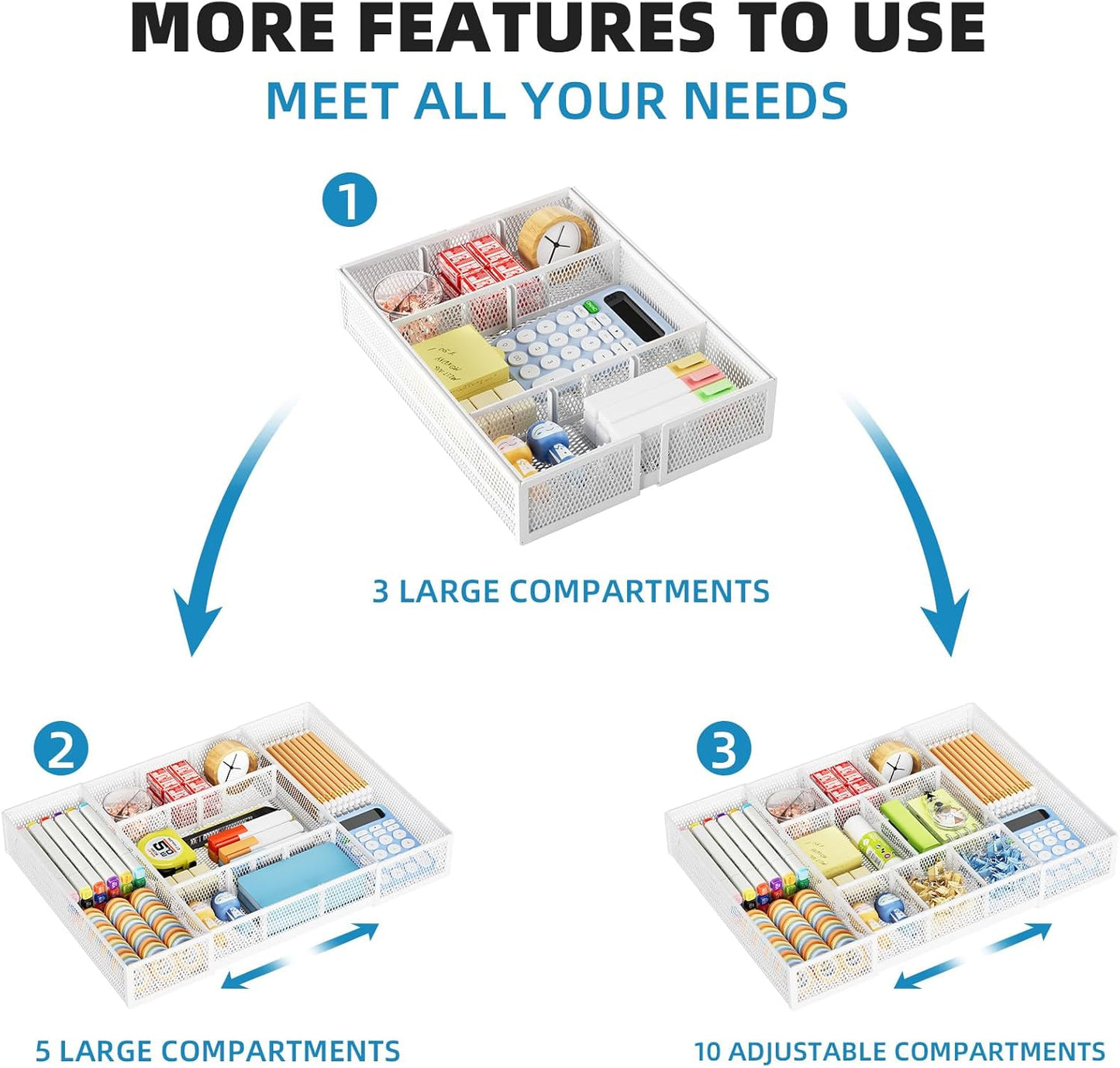 Marbrasse Expandable Desk Drawer Organizer, Mesh Drawer Organizer Tray with 10 Adjustable Compartments, Desk Organizers and Accessories, 5 Dividers Drawer for Office Supplies, Makeup & Vanity (White)
