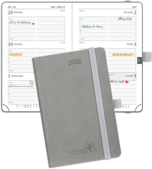 POPRUN Pocket Calendar 2026 (Small Size- 4'' x 6.25") Weekly and Monthly for Purse - Planner 2026 (Jan. 2026 - Dec. 2026) with Vegan Leather Soft Cover, Pen Holder and More - Grey
