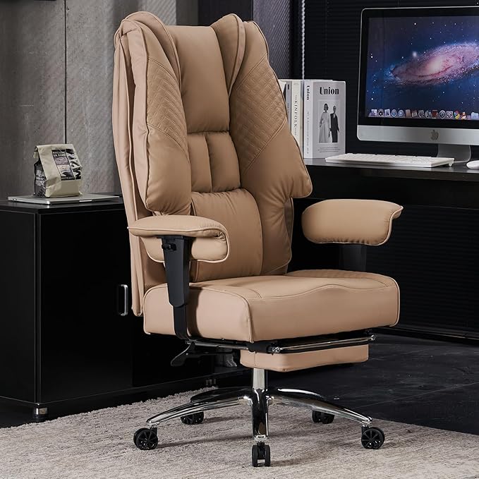 Big and Tall Office Chair 400lbs Wide Seat, Leather High Back Executive Office Chair with Foot Rest, Ergonomic Chairs Lumbar Support for Lower Back Pain Relief (Brown)