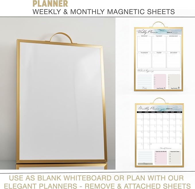 Small Whiteboard 12 x 16 Inch Magnetic Dry Erase Board with Handle | Gold Aluminum Frame | Double-Sided Planner Board with Weekly & Monthly Sheets | 3 Markers, Eraser & 2 Magnets