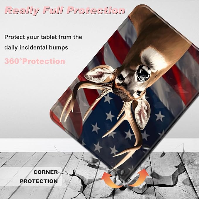 for All-New Kindle Fire 7 Tablet Case (12th Gen, 2022 Release),Slim Lightweight Smart Shell Stand Cover with Auto Wake/Sleep for Amazon Fire 7 Kids Tablet,American Flag Deer