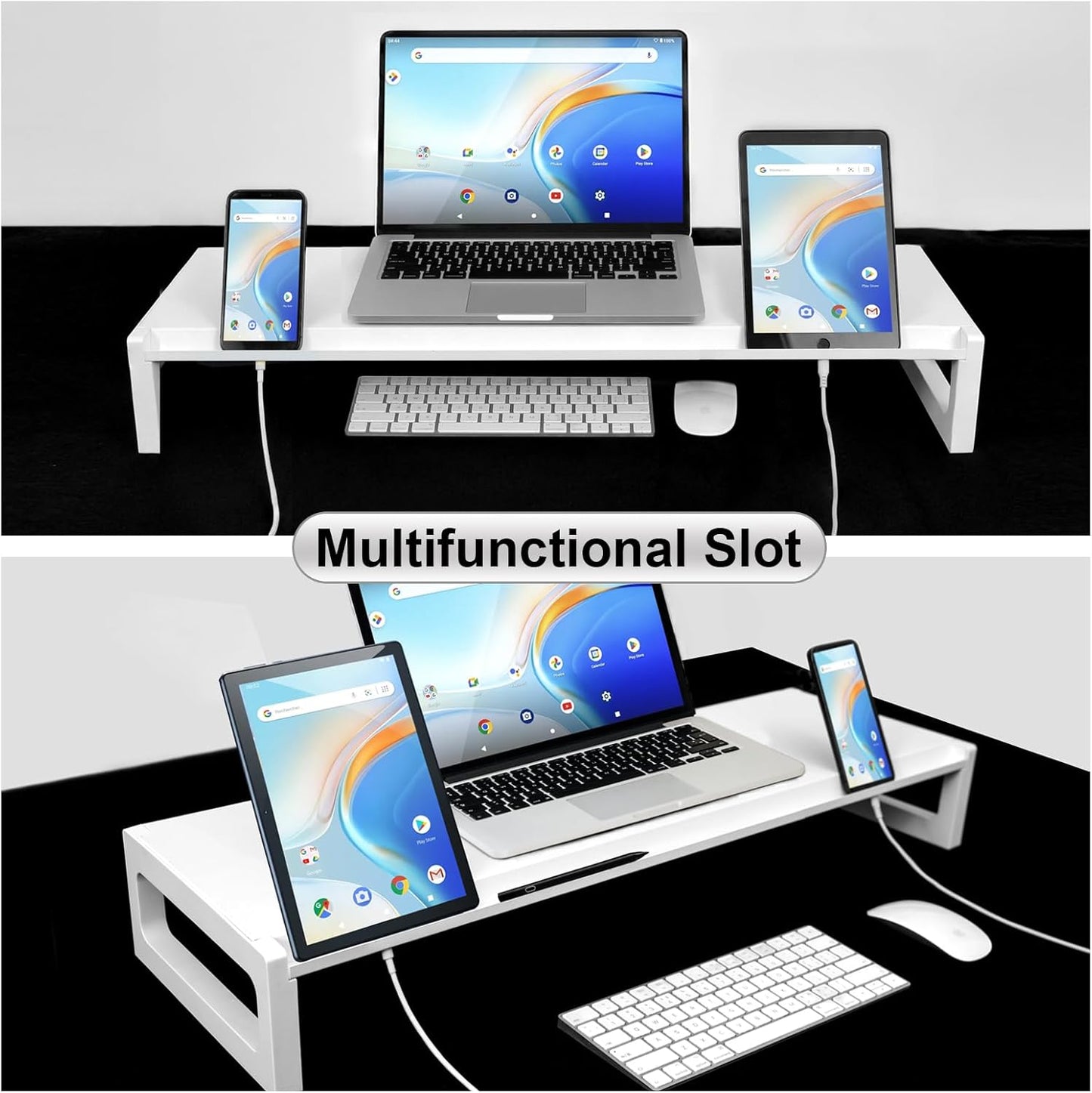 Dual Monitor Stand Riser – 28-Inch Computer Monitor Stand with Multifunctional Slot for 2 Monitors, Multi-Purpose Desktop Storage for Laptop, Printer, TV