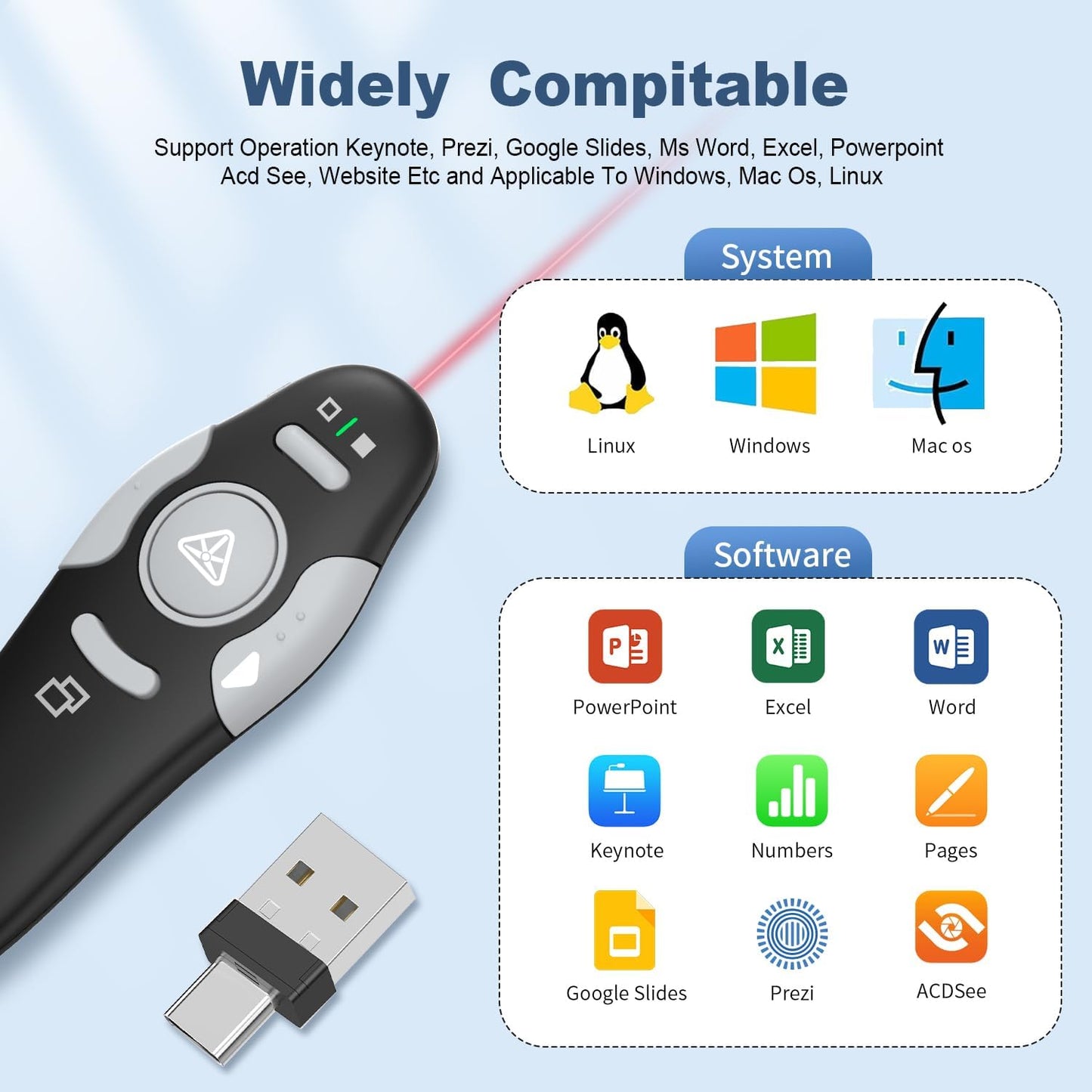 QUI Presentation Clicker Wireless Presenter Remote Clicker for PowerPoint Presentation Remote, PowerPoint Slide Advancer for Mac/Windows/Linux, Google Slide/PPT/Keynote, Type-c, Black