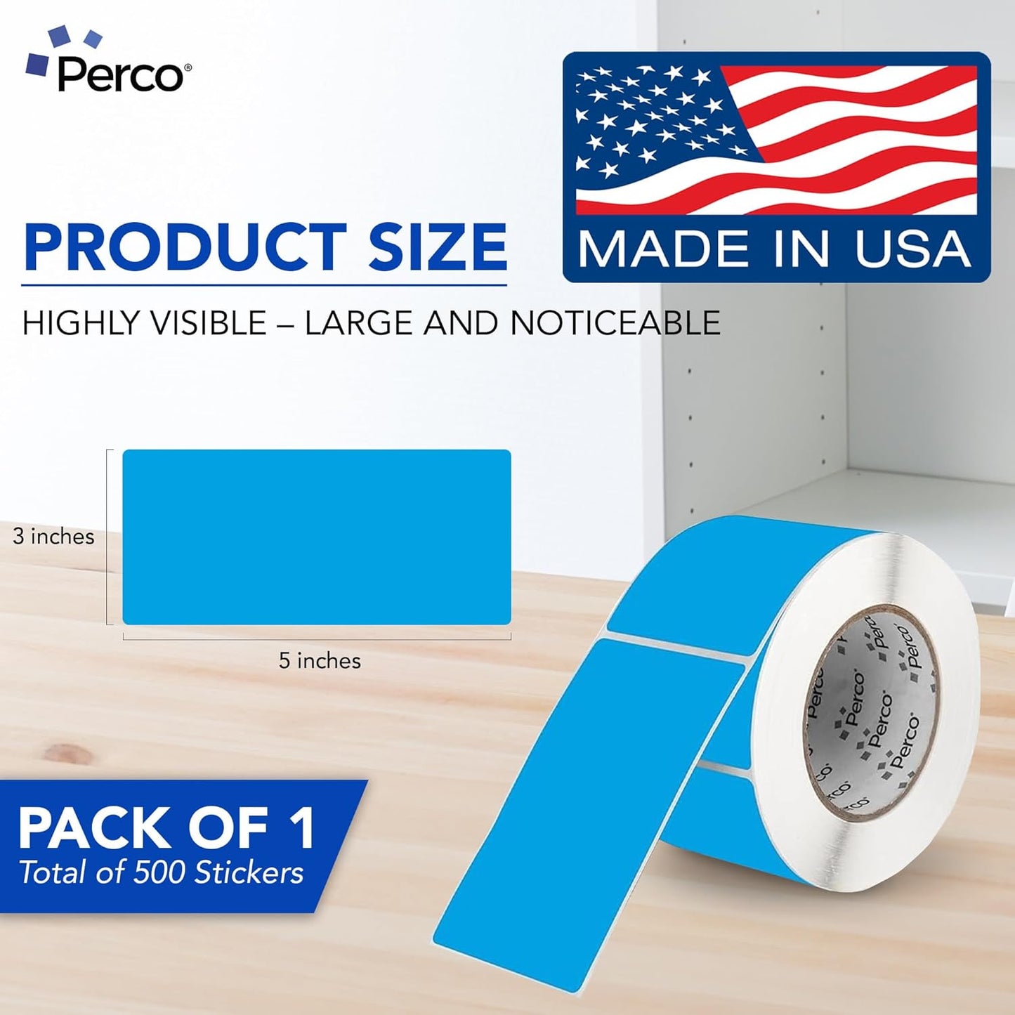 Perco Light Blue Labels 3x5 Inch 500 Stickers/Roll with Easy Peel Perforation and Strong Adhesion for Inventory Management, Color Coding, Moving Boxes, Retail, Organizing & Crafts – Made in USA