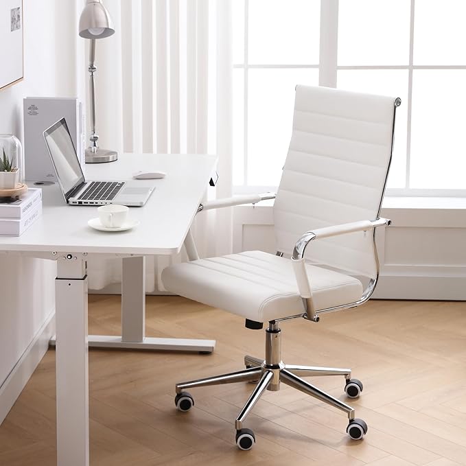 Home Office Chair Ribbed, Modern Leather Conference Room Chairs, Ergonomic Office Desk Chair, High Back Executive Computer Chair, Adjustable Swivel Chair with Arms (White)