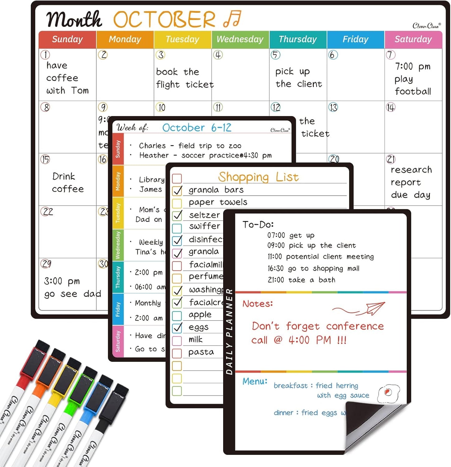 Magnetic Dry Erase Monthly Calendar Set - 14.5"x11" Monthly Calendar, 6.5"x8.5" Weekly, Daily, List Boards for Fridge - 6 Extra Fine Point Markers Included - Shipped Flat