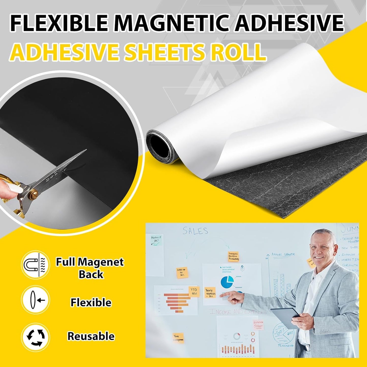 24 Inch x 5 ft x 30mil Extra Large Adhesive Magnetic Sheet Roll Not Printable Adhesive Backing Cut and Customize Flexible Sheets Blank White Surface Magnetic Sign for Craft Photo Craft