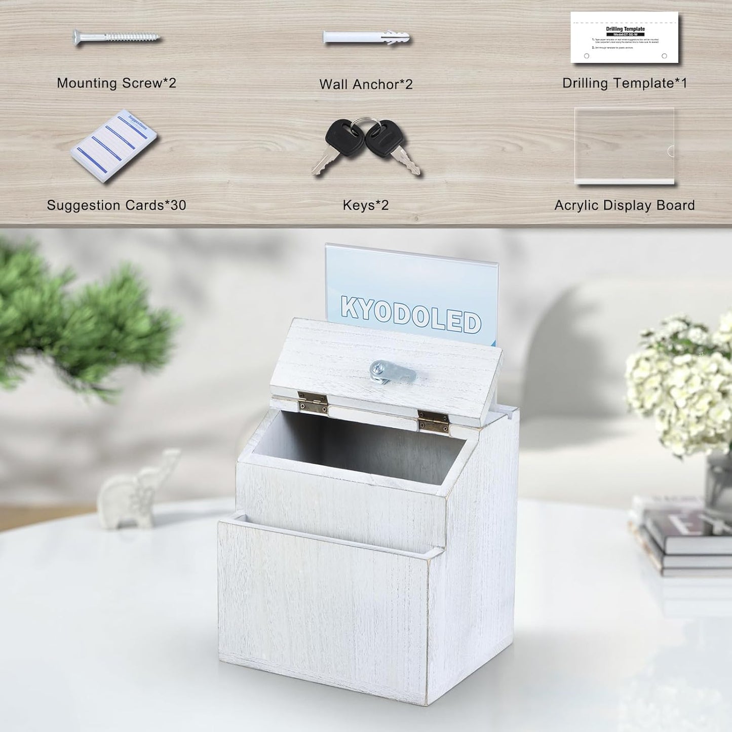 KYODOLED Wood Suggestion Box with Lock, Rustic White Ballot Box Donation and Key Drop Box with Acrylic Sign Holder and 30 Free Suggestion Cards, Wall Mounted or Freestanding, 9H x 6.9W x 8.5L Inch