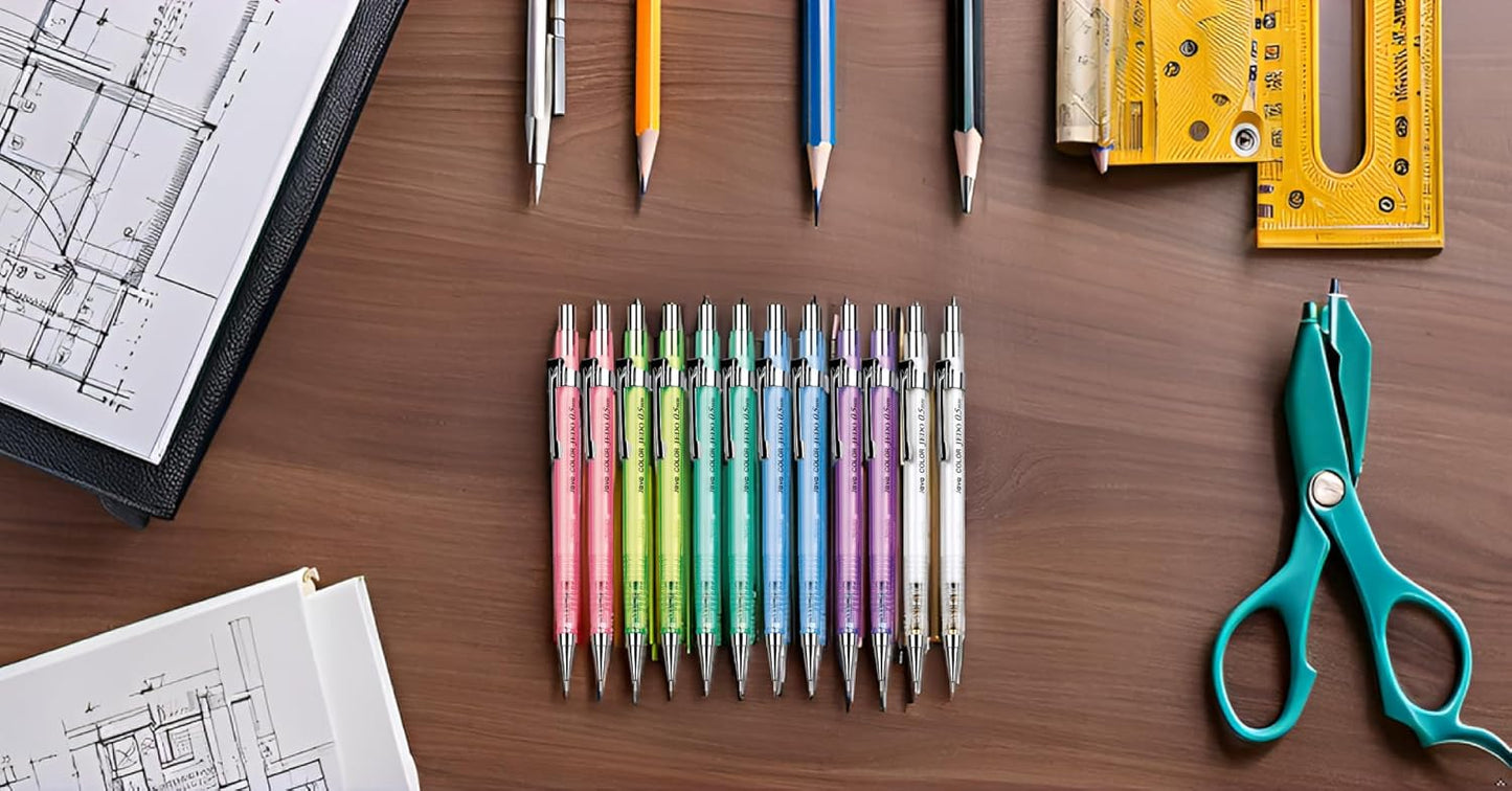 JVPEN Transparent Mechanical Pencils – 0.5 mm Drafting Pencils, Assorted Clear Colors – Smooth Writing, Non-Slip Grip, Built-in Eraser – Ideal for School, Office & Technical Drawing – 12-Pack