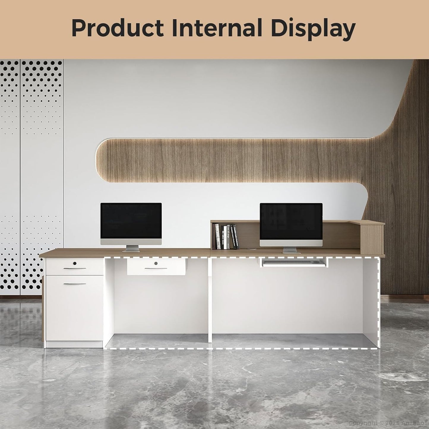 Modern Reception Desk – L Shaped Front Desk Checkout Counter with Drawers, Storage Cabinet and Double-layer tabletop for Office, Salon, Lobby, Cashier (White+Natural/Right, 71"L * 24"W * 39"H)