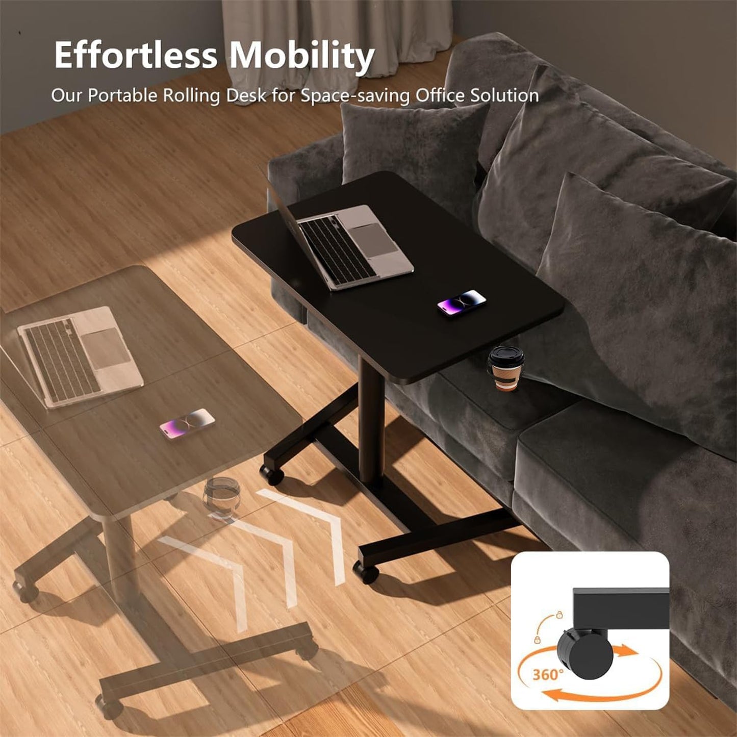 28-Inch Mobile Standing Desk Adjustable Height with Cup Holder, Portable Standing Desk with Lockable Wheels, Rolling Table for Home Office Classroom Hospital (Jet - Black)