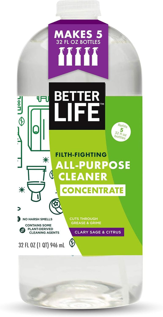 Better Life All Purpose Cleaner Concentrate- Multipurpose Home and Kitchen Cleaner for Glass, Countertops, Appliances, Upholstery & More - 32oz Clary Sage & Citrus Concentrate