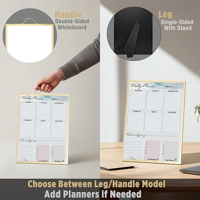 Small Whiteboard 12 x 16 Inch Magnetic Dry Erase Board with Handle | Black Aluminum Frame | Double-Sided Planner Board with Weekly & Monthly Sheets | 3 Markers, Eraser & 2 Magnets