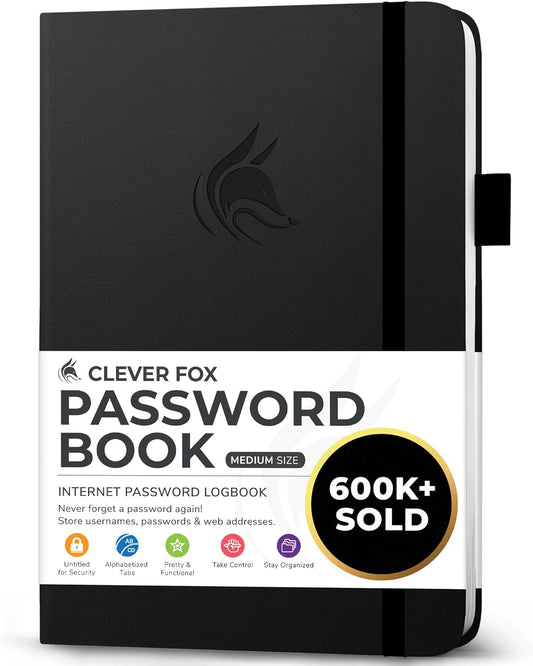 Clever Fox Password Book with alphabetical tabs. Internet Address Organizer Logbook. Medium Password Keeper for Website Logins (Black)