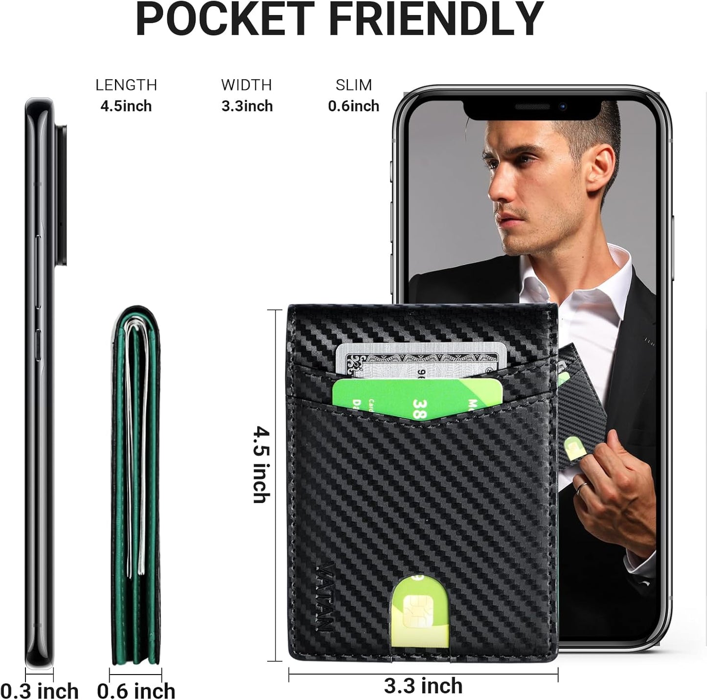 VATAN Wallet for Men, Mens Minimalist Wallet Credit Card Holder, Slim Leather Rfid 2 ID Window Large Capacity With Gift Box (Carbon black and Green)