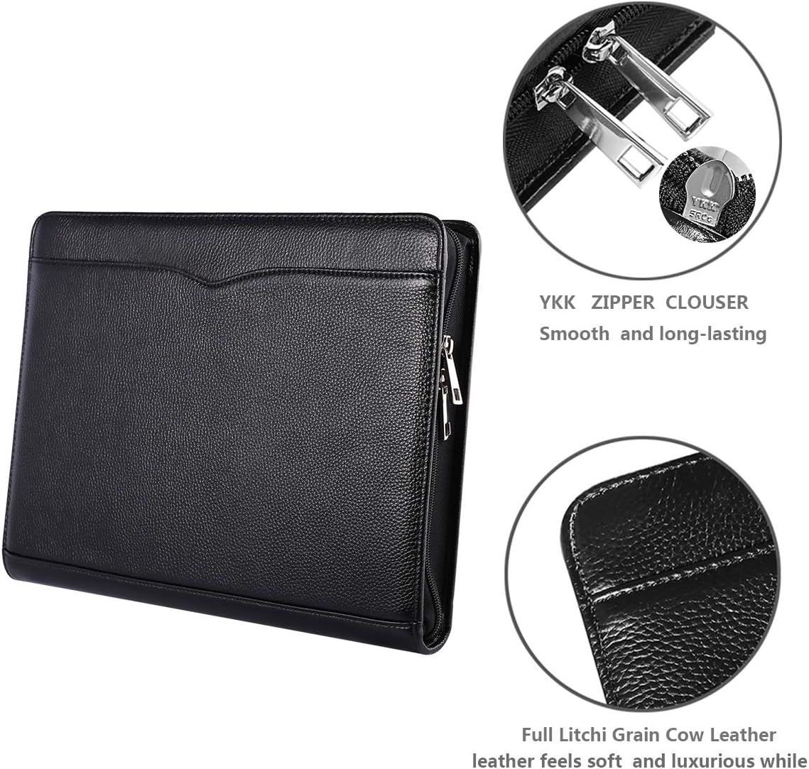 Professional Leather Business Padfolio Portfolio Case, 3 Ring Binder,Zippered Business Document Organizer Tablet Holder Folder Case,with Letter Size Notepad (black)