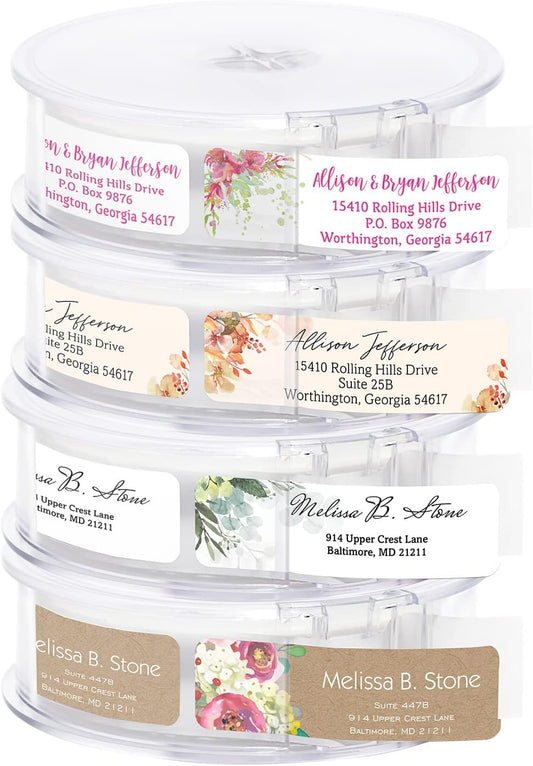 Kraft Faux Look Floral Rolled Address Labels/Roll of 500 Personalized Address Labels/Designer Return Address Stickers in Elegant Plastic Dispenser
